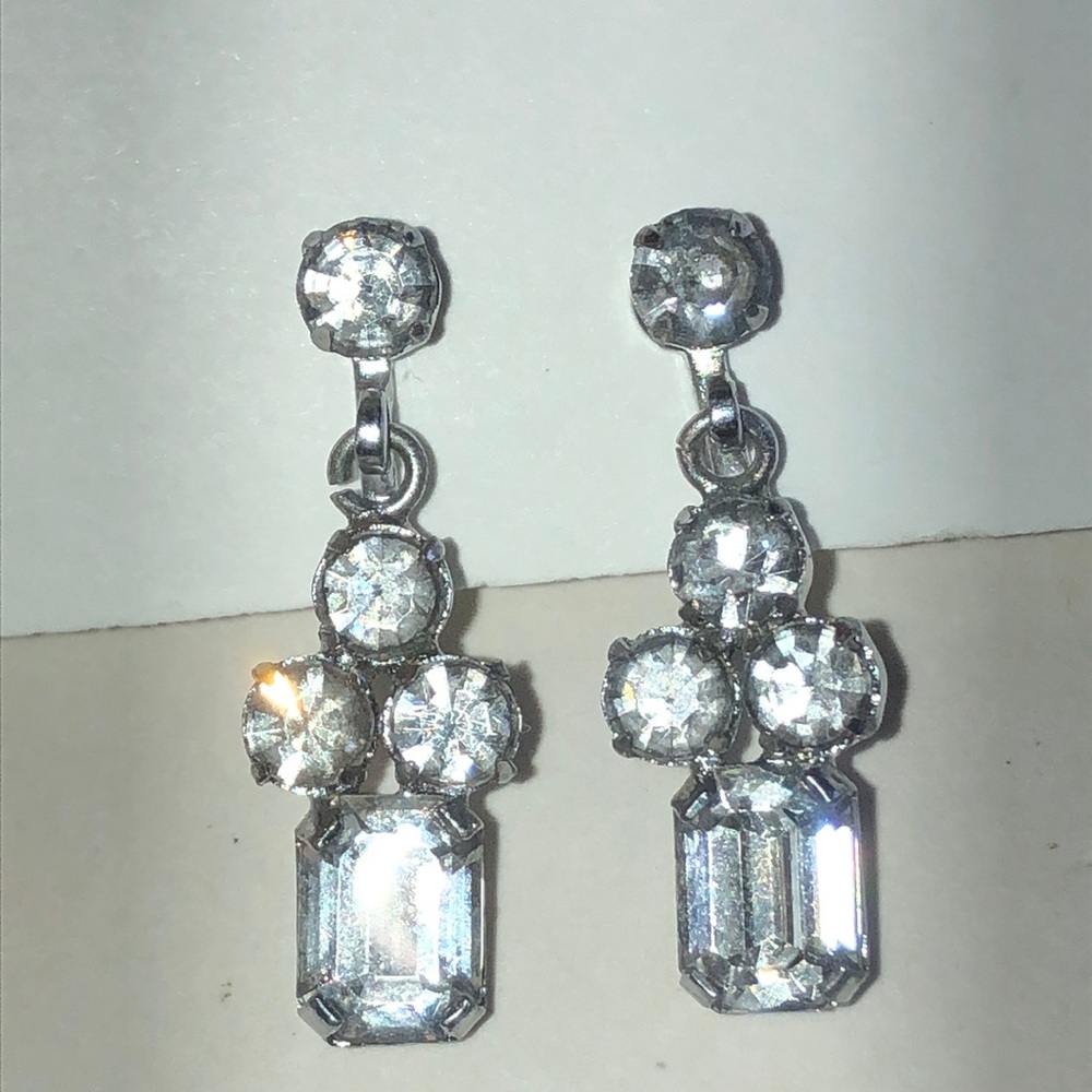 Austria Vintage Silver Tone Clear Crystal Drop Screw Back Earrings